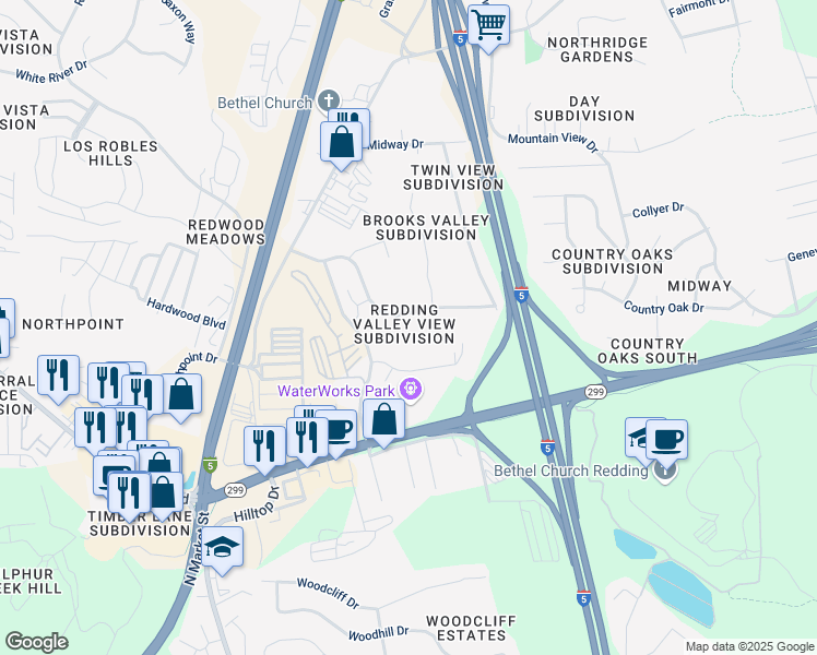 map of restaurants, bars, coffee shops, grocery stores, and more near 5391 Valley Ridge Drive in Redding