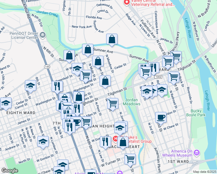map of restaurants, bars, coffee shops, grocery stores, and more near 390 West Green Street in Allentown
