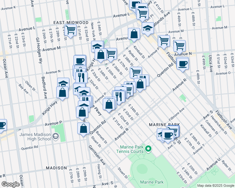map of restaurants, bars, coffee shops, grocery stores, and more near 3315 Quentin Road in Brooklyn