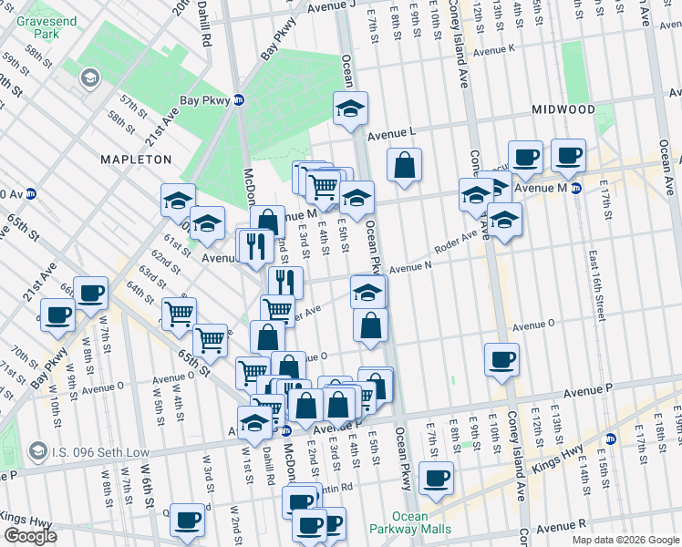 map of restaurants, bars, coffee shops, grocery stores, and more near 1498 East 4th Street in Brooklyn