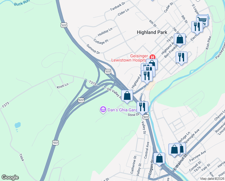 map of restaurants, bars, coffee shops, grocery stores, and more near 41 Ort Valley Road in Lewistown