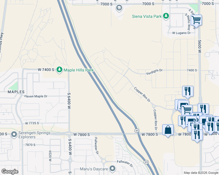 map of restaurants, bars, coffee shops, grocery stores, and more near 7508 South Travertine Road in West Jordan