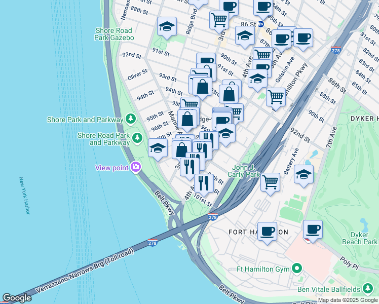 map of restaurants, bars, coffee shops, grocery stores, and more near 329 99th Street in Brooklyn
