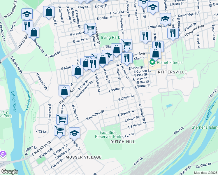 map of restaurants, bars, coffee shops, grocery stores, and more near 212 North Irving Street in Allentown