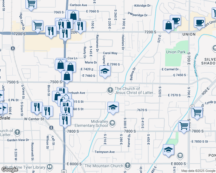 map of restaurants, bars, coffee shops, grocery stores, and more near 240 Greenwood Circle in Midvale