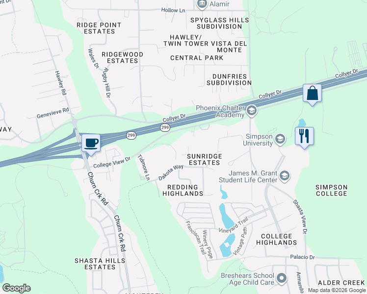 map of restaurants, bars, coffee shops, grocery stores, and more near 1681 Stetson Way in Redding