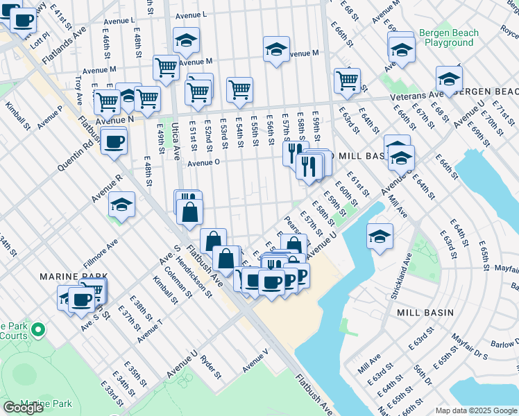 map of restaurants, bars, coffee shops, grocery stores, and more near 1736 East 55th Street in Brooklyn