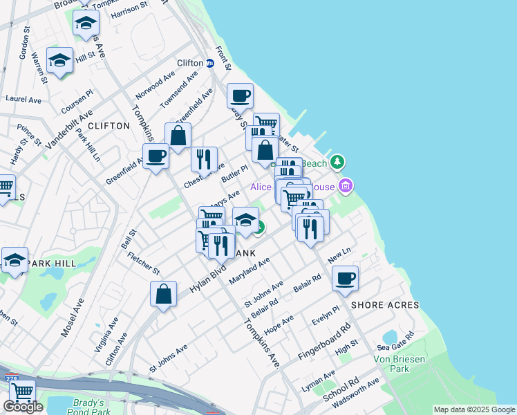 map of restaurants, bars, coffee shops, grocery stores, and more near 144 Clifton Avenue in Staten Island