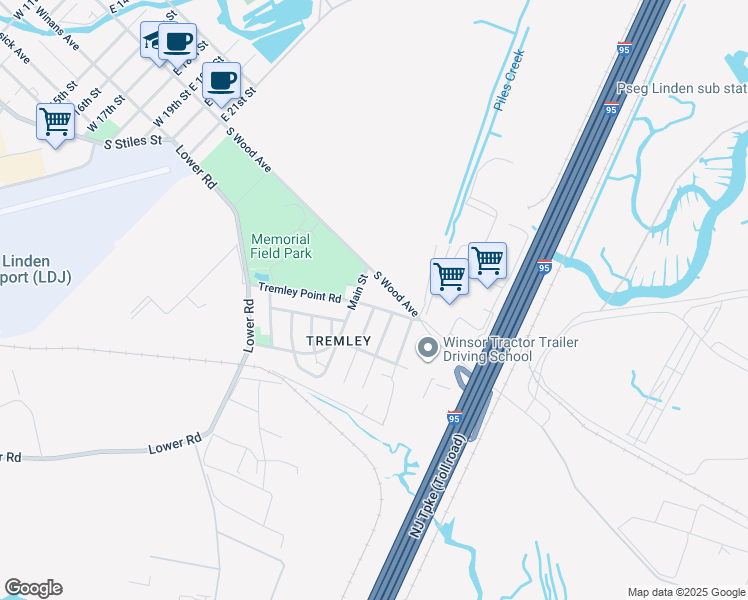 map of restaurants, bars, coffee shops, grocery stores, and more near 112 Arthur Street in Linden