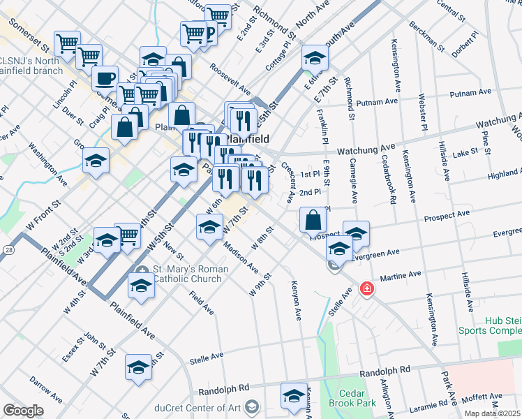 map of restaurants, bars, coffee shops, grocery stores, and more near 722 Park Avenue in Plainfield