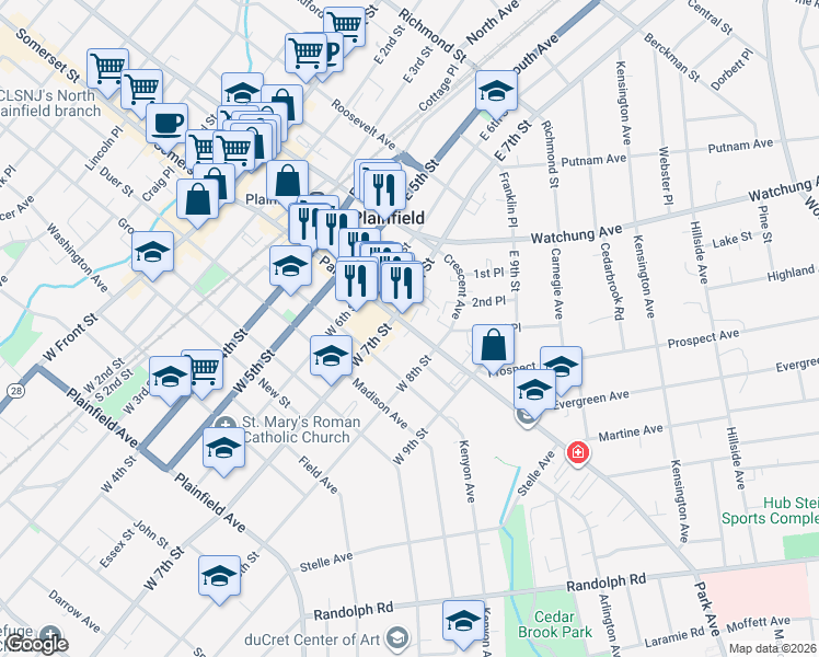 map of restaurants, bars, coffee shops, grocery stores, and more near 722 Park Avenue in Plainfield
