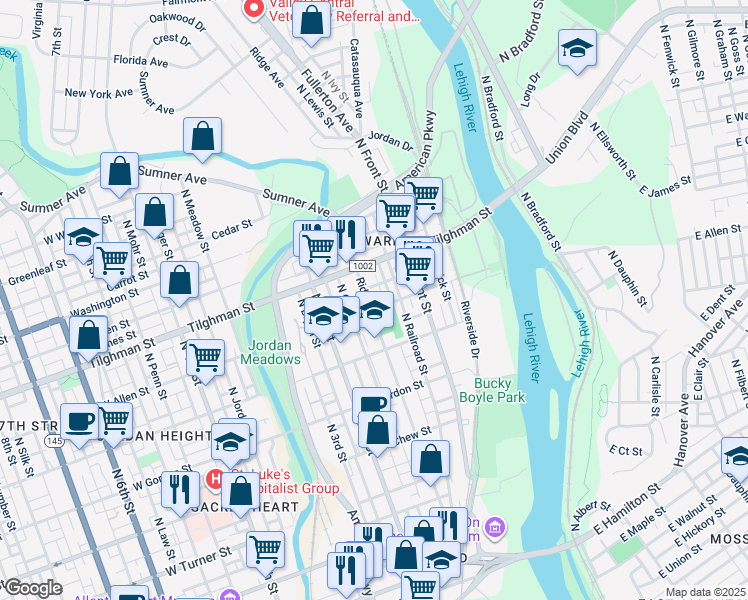 map of restaurants, bars, coffee shops, grocery stores, and more near 544 Ridge Avenue in Allentown
