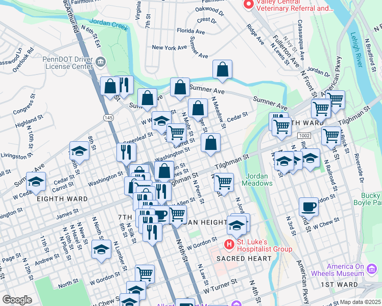 map of restaurants, bars, coffee shops, grocery stores, and more near 416 West Green Street in Allentown