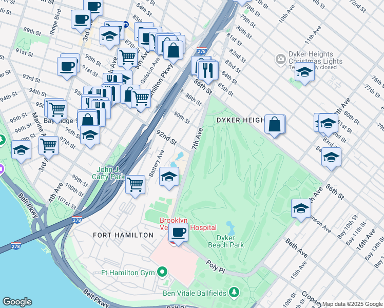 map of restaurants, bars, coffee shops, grocery stores, and more near 7th Ave & 92nd St in Brooklyn