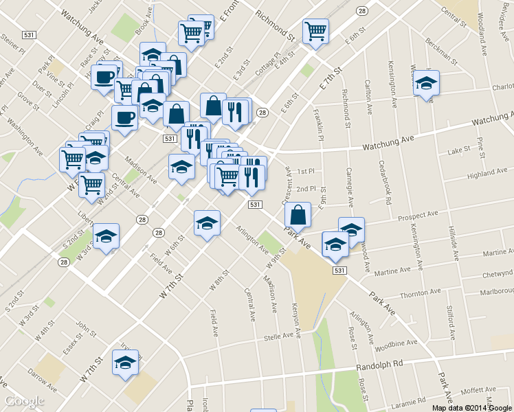 map of restaurants, bars, coffee shops, grocery stores, and more near 722 Park Avenue in Plainfield
