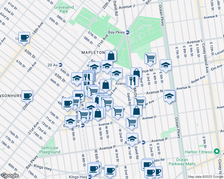 map of restaurants, bars, coffee shops, grocery stores, and more near 6114 23rd Avenue in Brooklyn