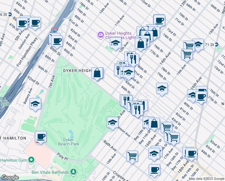 map of restaurants, bars, coffee shops, grocery stores, and more near 1280 85th Street in Brooklyn