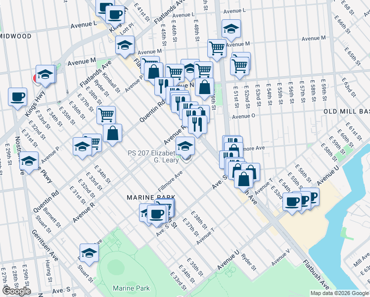 map of restaurants, bars, coffee shops, grocery stores, and more near 4001 Fillmore Avenue in Brooklyn