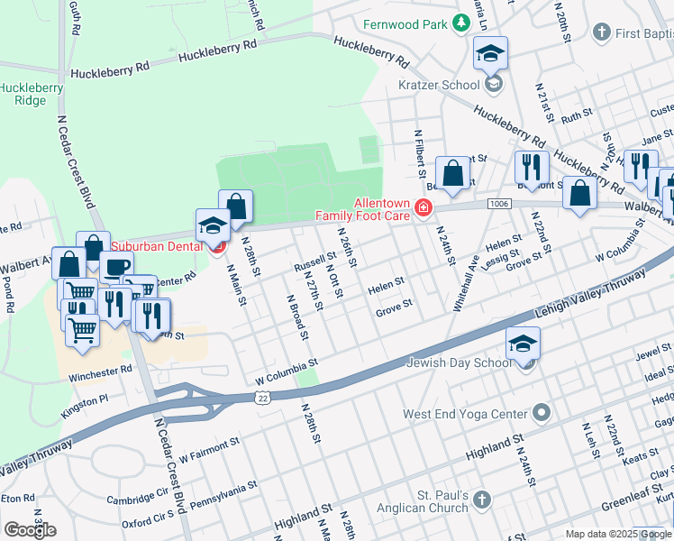 map of restaurants, bars, coffee shops, grocery stores, and more near 1516 North Ott Street in Allentown