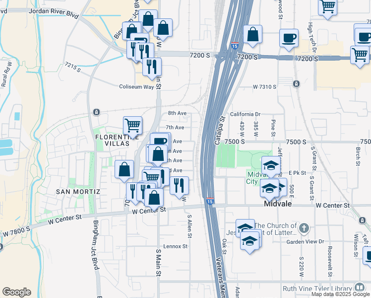 map of restaurants, bars, coffee shops, grocery stores, and more near 614 West 5th Avenue in Midvale