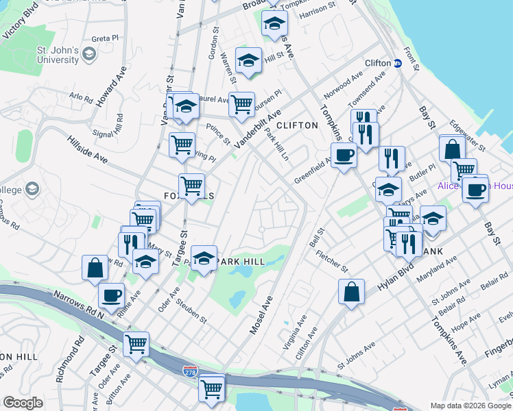 map of restaurants, bars, coffee shops, grocery stores, and more near 91 Long Pond Lane in Staten Island