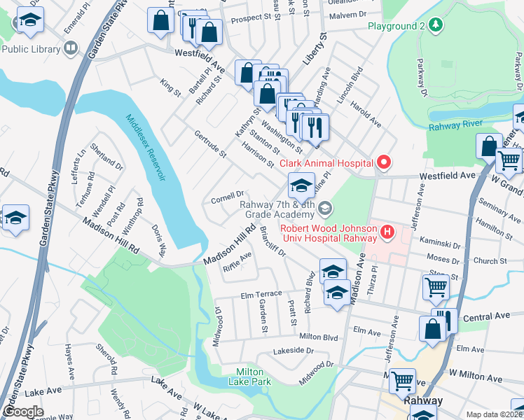 map of restaurants, bars, coffee shops, grocery stores, and more near 1236 Mayfair Drive in Rahway