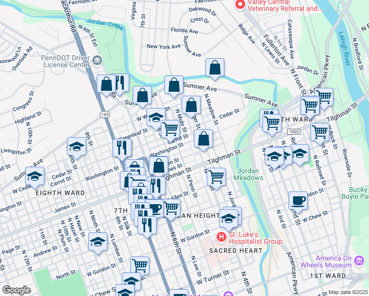 map of restaurants, bars, coffee shops, grocery stores, and more near 416 West Green Street in Allentown