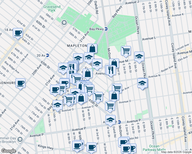 map of restaurants, bars, coffee shops, grocery stores, and more near 2311 62nd Street in Brooklyn