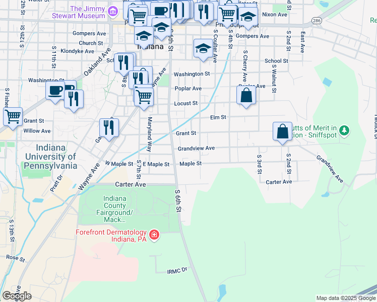 map of restaurants, bars, coffee shops, grocery stores, and more near 542 Grandview Avenue in Indiana