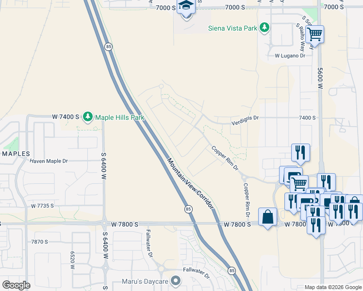 map of restaurants, bars, coffee shops, grocery stores, and more near 6113 West Oquirrh Ridge Road in West Jordan