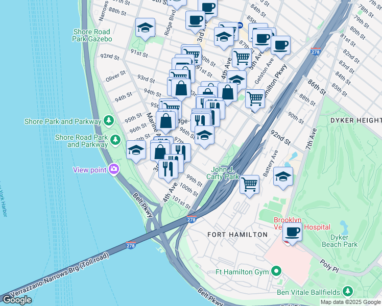 map of restaurants, bars, coffee shops, grocery stores, and more near 368 97th Street in Brooklyn