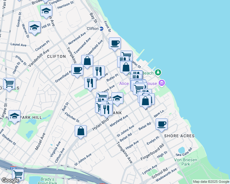 map of restaurants, bars, coffee shops, grocery stores, and more near 96 Virginia Avenue in Staten Island