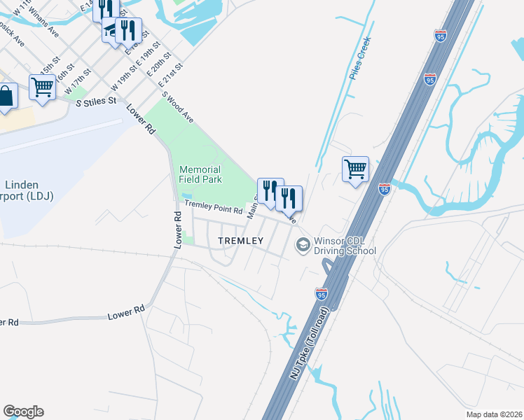 map of restaurants, bars, coffee shops, grocery stores, and more near 112 Arthur Street in Linden
