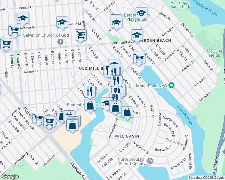 map of restaurants, bars, coffee shops, grocery stores, and more near 2124 Mill Avenue in Brooklyn