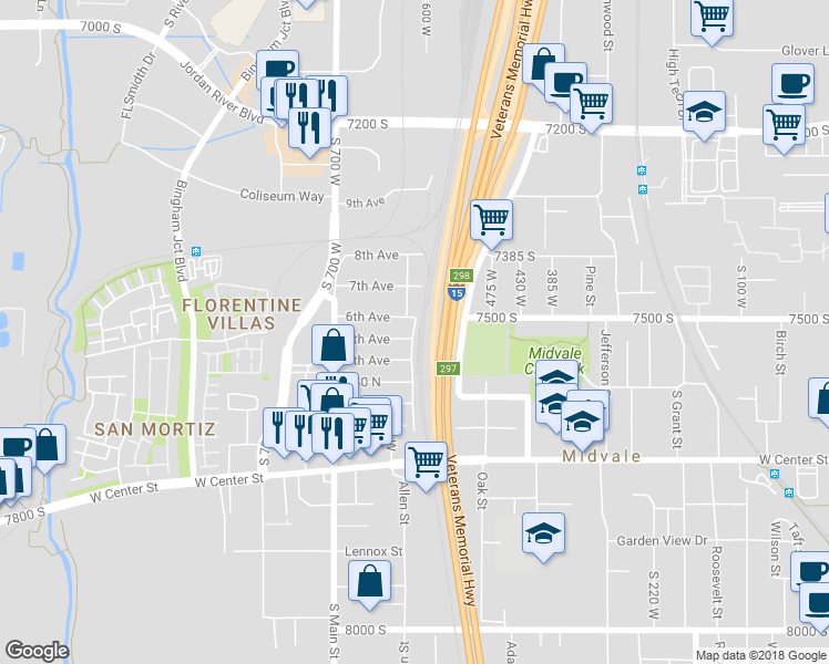map of restaurants, bars, coffee shops, grocery stores, and more near 574 West 5th Avenue in Midvale