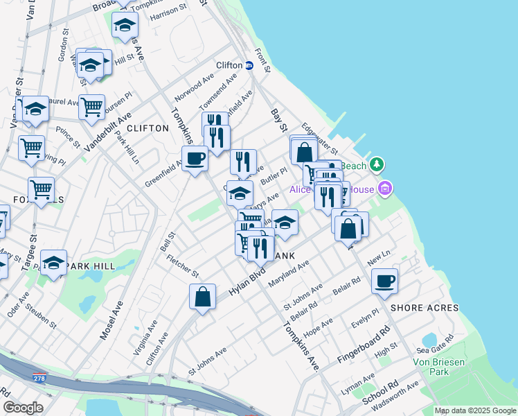 map of restaurants, bars, coffee shops, grocery stores, and more near 100 Saint Marys Avenue in Staten Island