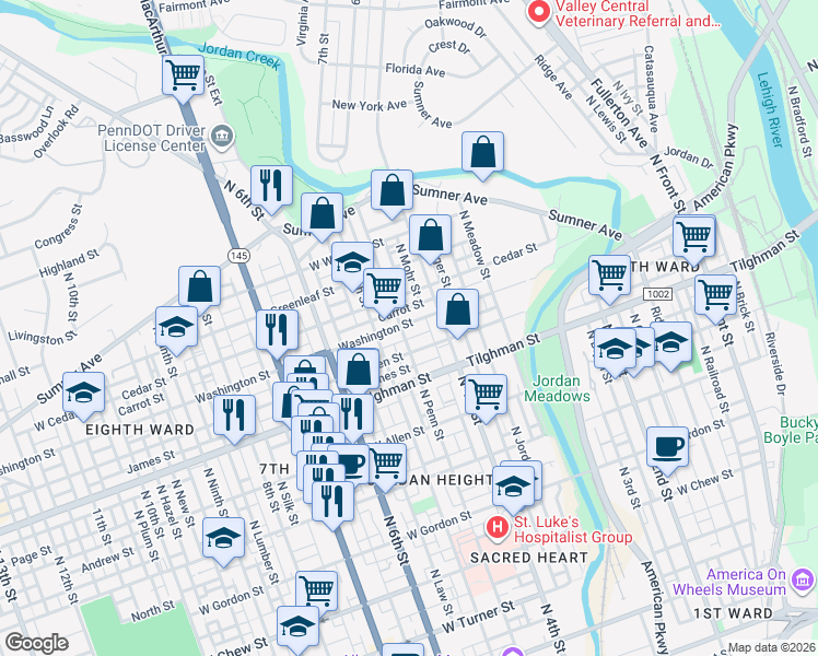 map of restaurants, bars, coffee shops, grocery stores, and more near 737 North 5th Street in Allentown