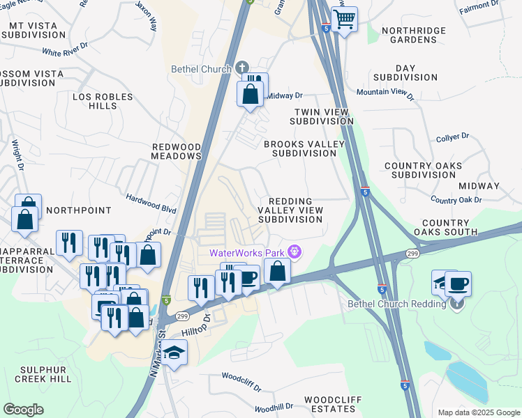 map of restaurants, bars, coffee shops, grocery stores, and more near 200 Boulder Creek Drive in Redding