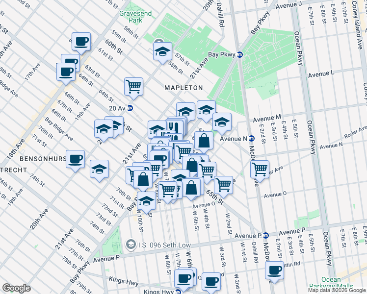 map of restaurants, bars, coffee shops, grocery stores, and more near 2225 64th Street in Brooklyn