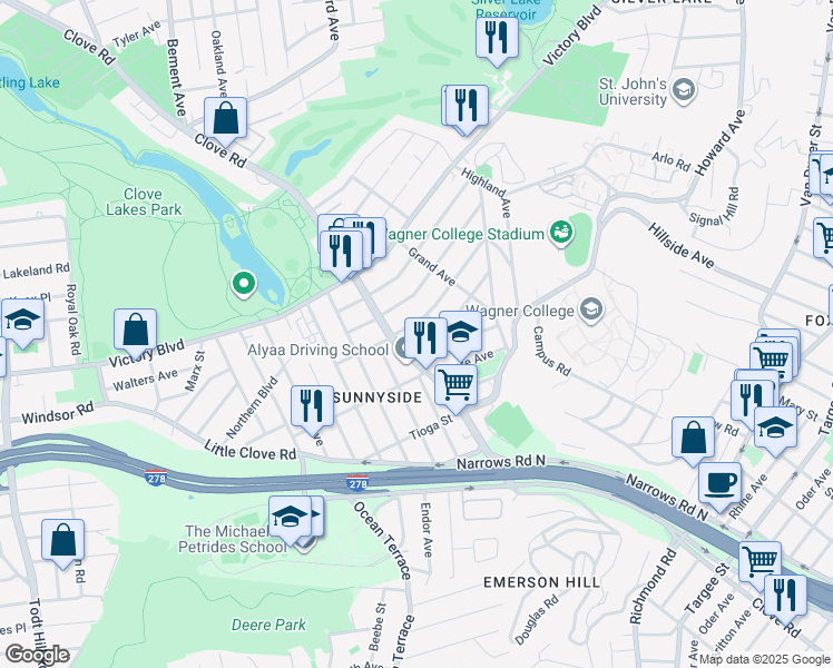 map of restaurants, bars, coffee shops, grocery stores, and more near 1372 Clove Road in Staten Island