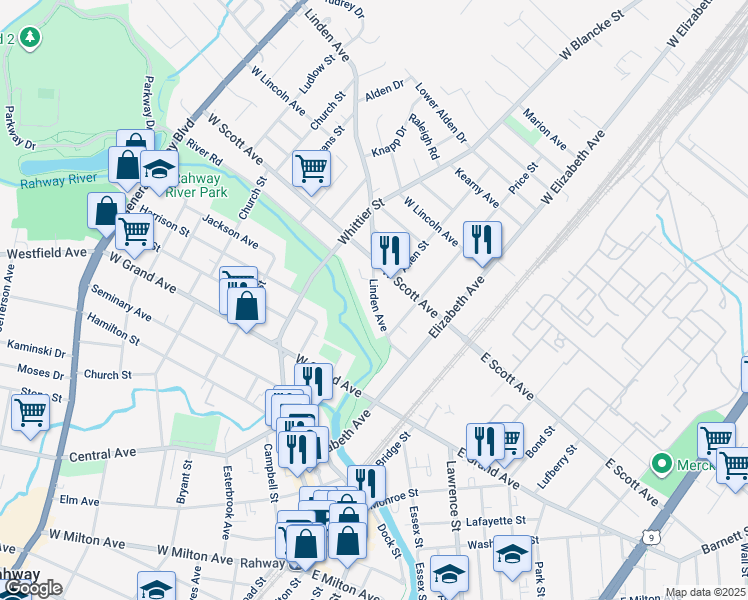 map of restaurants, bars, coffee shops, grocery stores, and more near 1950 Price Street in Rahway