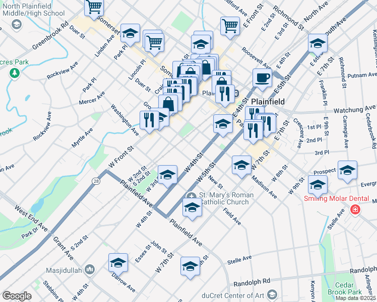 map of restaurants, bars, coffee shops, grocery stores, and more near in Plainfield