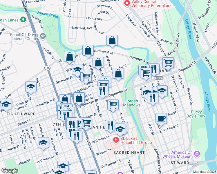 map of restaurants, bars, coffee shops, grocery stores, and more near 708 North Jordan Street in Allentown
