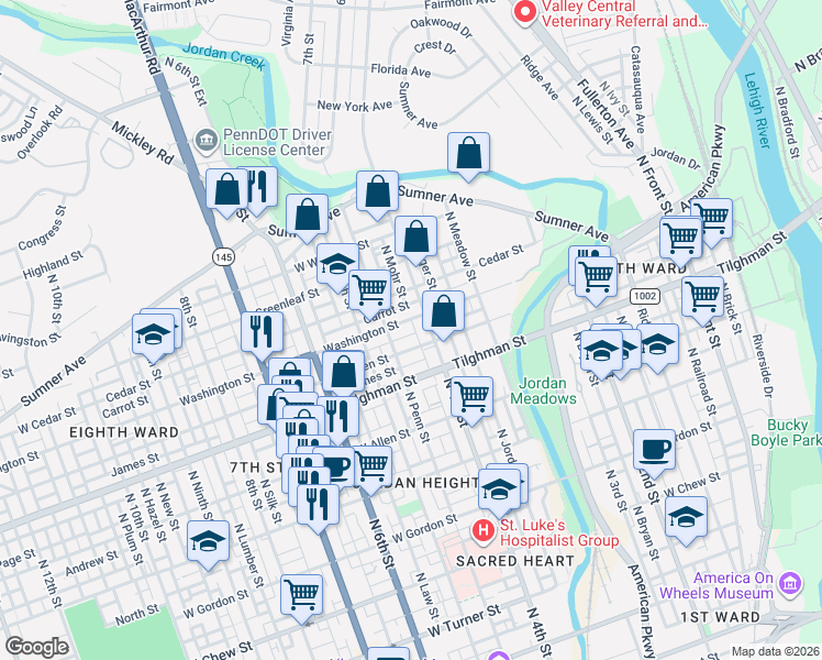 map of restaurants, bars, coffee shops, grocery stores, and more near 416 West Green Street in Allentown
