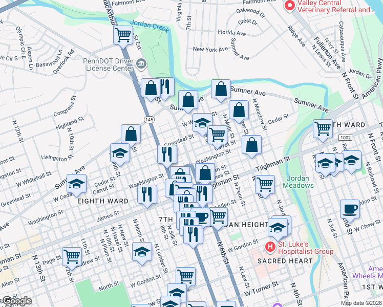 map of restaurants, bars, coffee shops, grocery stores, and more near 802 North 6th Street in Allentown