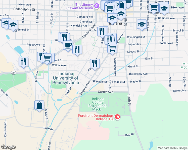 map of restaurants, bars, coffee shops, grocery stores, and more near 793 West Maple Street in Indiana