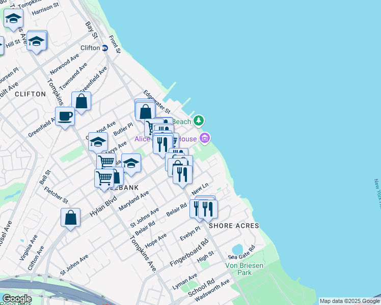 map of restaurants, bars, coffee shops, grocery stores, and more near 58 Maryland Avenue in Staten Island