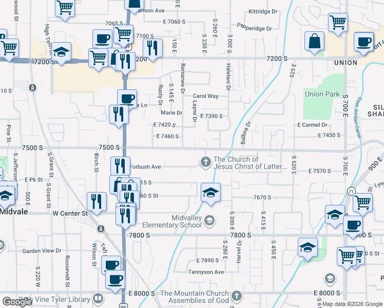 map of restaurants, bars, coffee shops, grocery stores, and more near 201 Forbush Avenue in Midvale