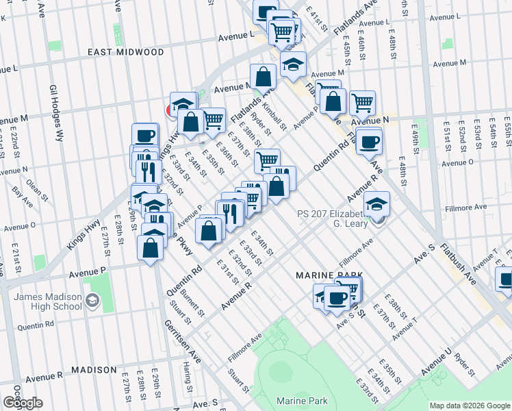 map of restaurants, bars, coffee shops, grocery stores, and more near 3415 Quentin Road in Brooklyn