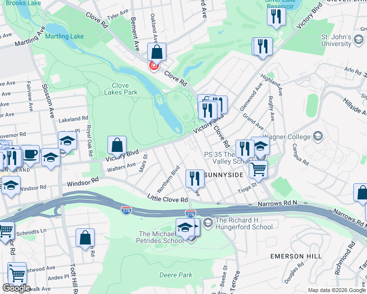 map of restaurants, bars, coffee shops, grocery stores, and more near 17 Northern Boulevard in Staten Island